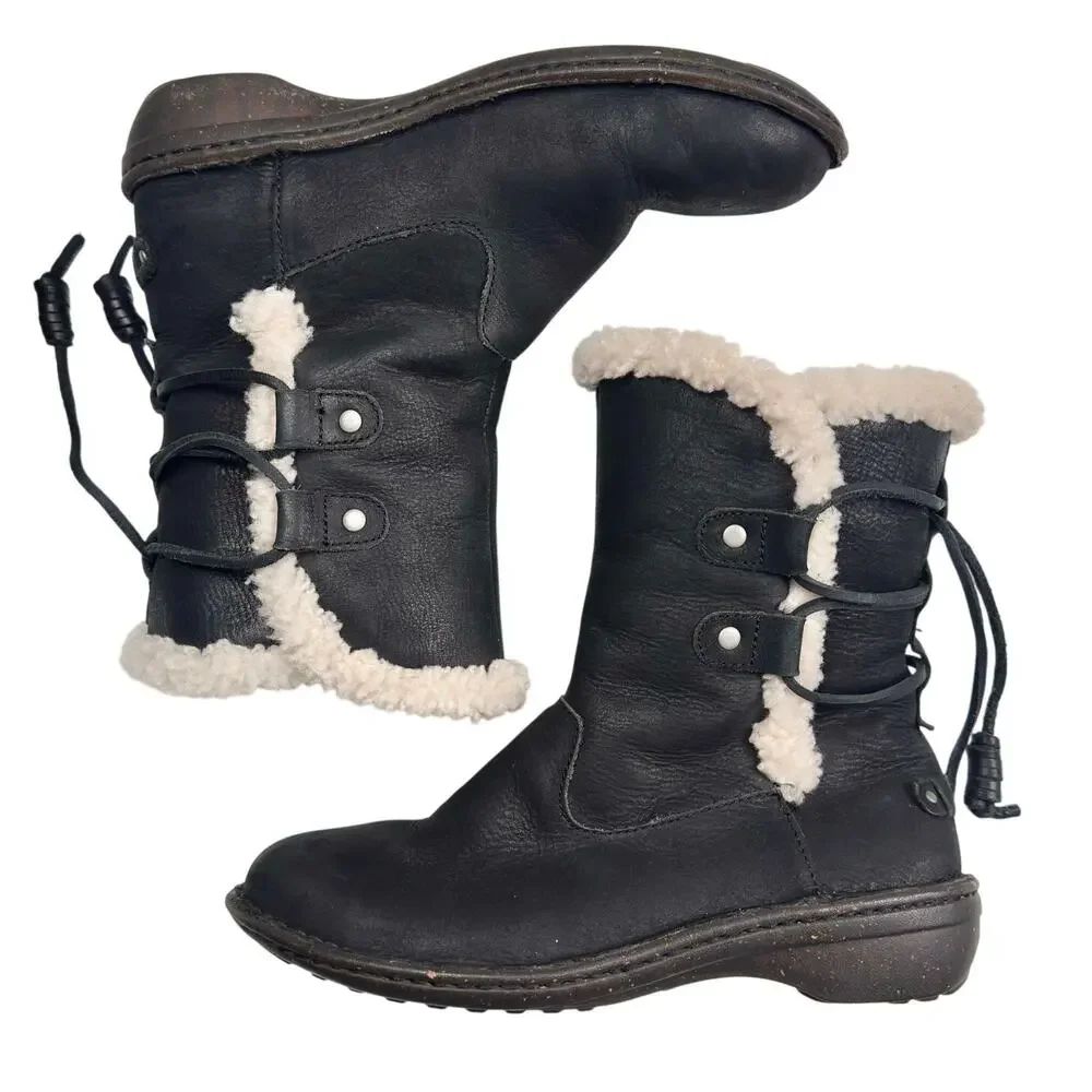 Ugg | Women | Akadia Black Leather Sheepskin Fur Pull On Fall Boots | Size US 7